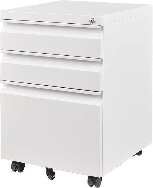 3 Drawer File Cabinet with Lock, Steel Mobile Filing Cabinet on Anti-tilt Wheels, Rolling Locking Office Cabinets Under Desk for Legal/Letter Size (White)