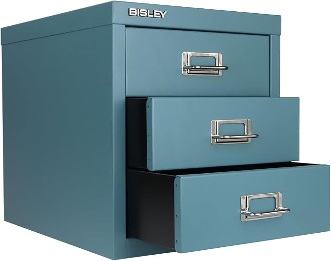 Bisley 3-Drawer Steel MultiDrawer Cabinet - Doulton Blue | Chrome Pull Handles with Label Holders, Powder-Coated Steel, Removable Drawers, Desktop Storage, Labels Included