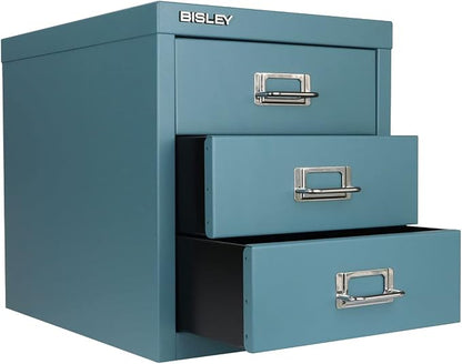 Bisley 3-Drawer Steel MultiDrawer Cabinet - Doulton Blue | Chrome Pull Handles with Label Holders, Powder-Coated Steel, Removable Drawers, Desktop Storage, Labels Included