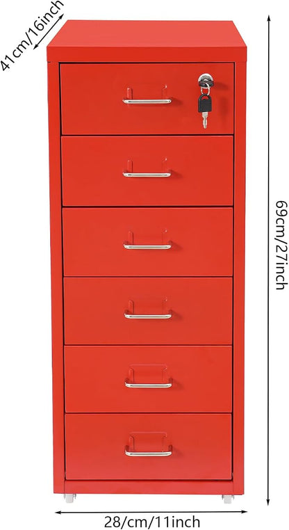 Vertical File Cabinet, 6 Drawers Rolling File Organizer Cabinets with Lock, Heavy Duty Metal Storage Cabinet, Movable Under Desk Filing Cabinet for Office, Study, Dresser (Red)