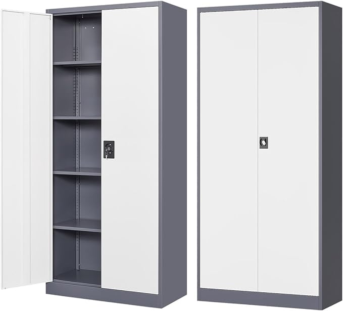 Fesbos Metal Storage Cabinet-72” Tall Steel File Cabinets with Lockable Doors and Adjustable Shelves-White&Gray Steel Storage Cabinet for Home Kitchen, Office, Garage