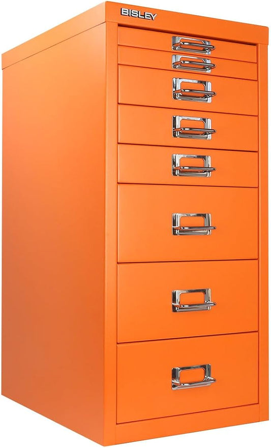 8-Drawer Steel MultiDrawer Cabinet - Orange, by Bisley | Chrome Pull Handles with Label Holders, Powder-Coated Steel, Removable Drawers, Fits Under Most Desks, Labels Included