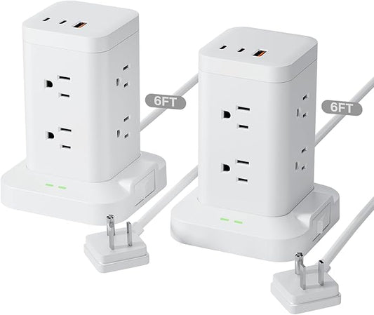 2 Pack Power Strip Tower with Surge Protector 1800J, Fast Charging Tower PD20W USB-C Ports with 8 AC Outlets, 6ft Extension Cord for Home Office Dorm Room, White