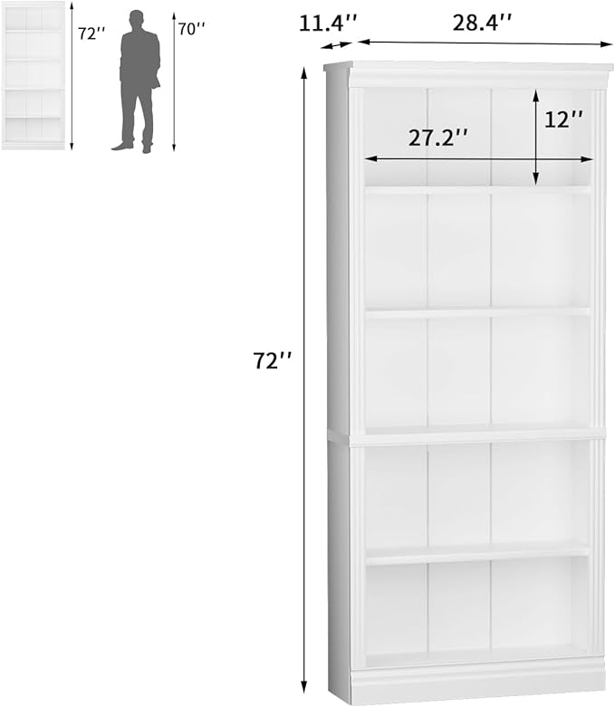 Furniwell Bookcase Bookshelves, 5-Shelf Tall Bookcase 71" Wood Open Display Floor Bookshelf, Large Storage Organizer for Library, Bedroom, Living Room (White)