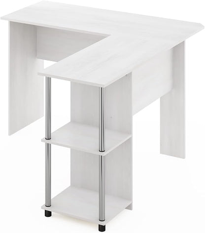 Furinno Abbott L-Shape Computer Desk with Stainless Steel Tubes Bookshelf, White Oak/Chrome