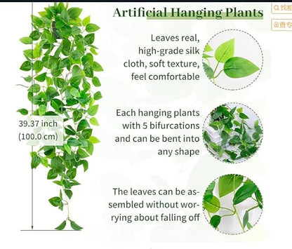 Artificial Hanging Plants with Black Pot, 39.37" Faux Pothos Trailing Vines, Potted Fake Greenery Indoor for Home Bathroom Bedroom Wall Shelf Decor