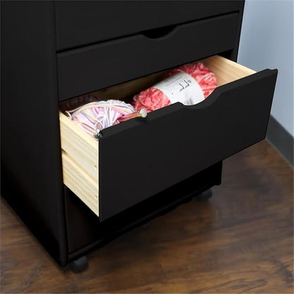 Pemberly Row Solid Wood Roll Utility Cart, Black Finish, 8 Drawers, Compact Design with Casters, Durable Modern Storage for Home, Office, Craft or Project Room