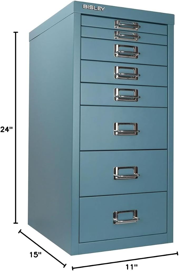 Bisley 8-Drawer Steel MultiDrawer Cabinet - Doulton Blue | Chrome Pull Handles with Label Holders, Powder-Coated Steel, Removable Drawers, Fits Under Most Desks, Labels Included