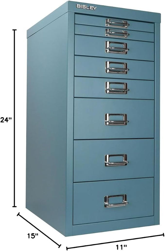 Bisley 8-Drawer Steel MultiDrawer Cabinet - Doulton Blue | Chrome Pull Handles with Label Holders, Powder-Coated Steel, Removable Drawers, Fits Under Most Desks, Labels Included