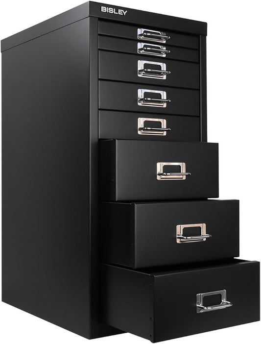 Bisley 8-Drawer Steel MultiDrawer Cabinet - Black | Chrome Pull Handles with Label Holders, Powder-Coated Steel, Removable Drawers, Fits Under Most Desks, Labels Included
