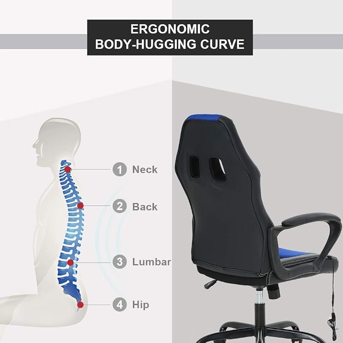 Office Chair Gaming Chair Ergonomic Massage Chair PU Leather Executive Seat with Swivel Base, Massage Lumbar Support, and Padded Armrests (Blue)