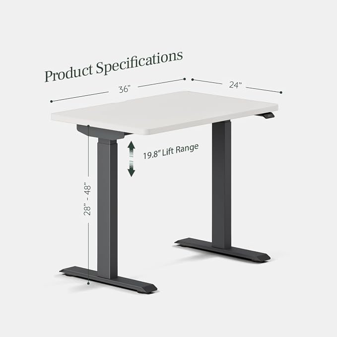 Branch Duo Standing Desk 36 Inches - Adjustable Standing Desk with 20” Range - OLED Control Panel - Frameless Design & Compact Size Suitable for Many Spaces - Charcoal Base - White Top