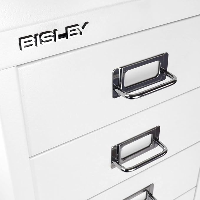 Bisley 6-Drawer Steel MultiDrawer Cabinet - Traffic White | Chrome Pull Handles with Label Holders, Powder-Coated Steel, Removable Drawers, Fits Under Most Desks, Labels Included