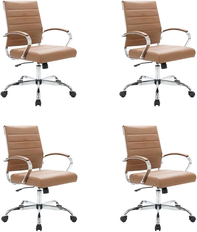 LeisureMod Benmar Leather Office Desk Chair, Mid-Back Ergonomic Swivel Chair with Lumbar Support, Adjustable Height, Tilt Lock, Cushioned Seat & Back, Home Office Task Chair (Brown, Set of 4)