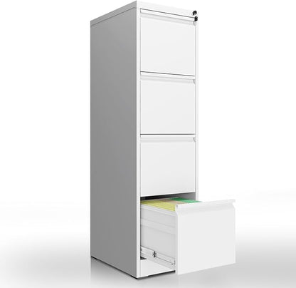 4 Drawer File Cabinet with Lock, Vertical File Cabinet with Lock, Locking File Cabinet Hanging Files for A4/ Legal/Letter, Require Assembly, White