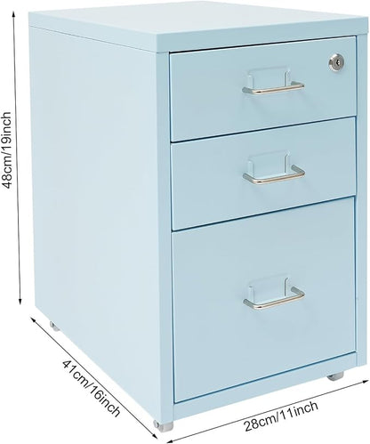 3 Drawers File Cabinet Locking Vertical File Cabinet Under Desk Small File Cabinet with Wheels for Home Office (Blue)