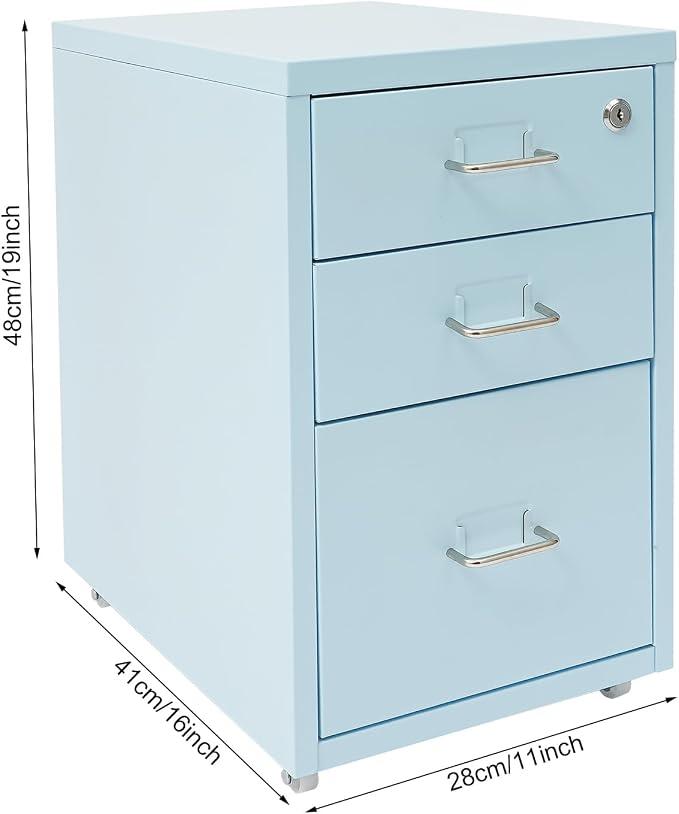 3-Drawer Vertical File Cabinet, 11*16*18.3in Rolling File Cabinet, Mobile Organizer Storage Cabinet with Lock, Office Filing Storage Cabinet Under Desk fits A4 Size, for Home Office (Blue)