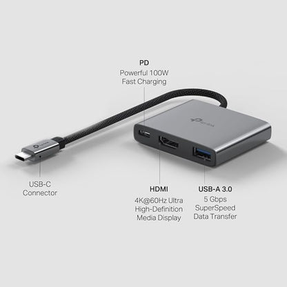 TP-Link USB C Hub 3-in-1 Multiport Adapter (UH3020C) | 4K HDMI | 100W Power Delivery | 1×USB-A 3.0 Port | 5Gbps High-Speed Transfer | USB C Dongle for MacBook, iPad, ThinkPad and More | Plug and Play
