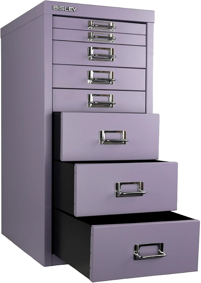 Bisley 8-Drawer Steel MultiDrawer Cabinet - Lilac | Chrome Pull Handles with Label Holders, Powder-Coated Steel, Removable Drawers, Fits Under Most Desks, Labels Included