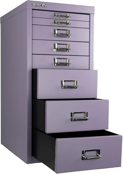 Bisley 8-Drawer Steel MultiDrawer Cabinet - Lilac | Chrome Pull Handles with Label Holders, Powder-Coated Steel, Removable Drawers, Fits Under Most Desks, Labels Included