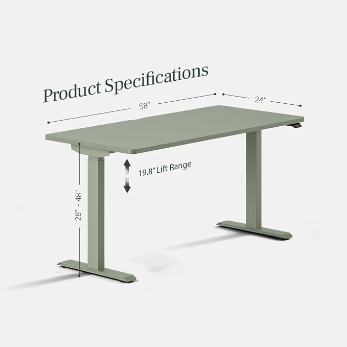 Branch Duo Standing Desk 58 Inches - Adjustable Standing Desk with 20” Range - OLED Control Panel - Frameless Design & Compact Size Suitable for Many Spaces - Sage Top - Sage Base