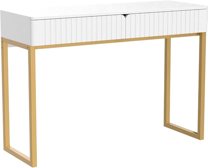 Tamworth Design Elegant Modern Desk, 2 Drawers, Gold Legs, 43.3x15.75 inches, Home Office, Makeup Vanity, Computer, Writing, Study, Entryway, Sofa Table
