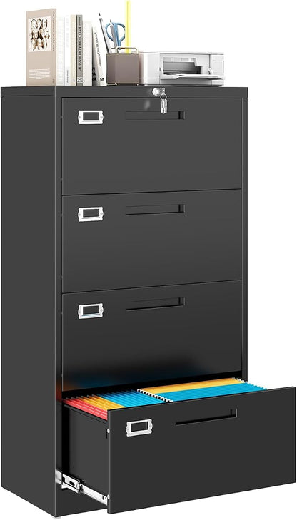 MIIIKO 4 Drawer Lateral File Cabinet with Lock, Black Lateral Filing Cabinets, Metal Storage File Cabinets for Hanging Files Letter/Legal/F4/A4 Size