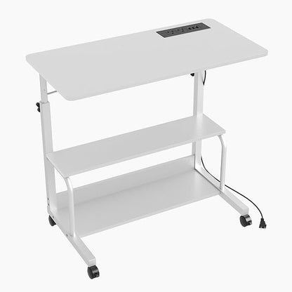 VINGLI 31.5" Mobile Small Standing Desk, Adjustable Height Mobile Computer Desk, w/2 AC Outlets + 3 USB Ports & Hooks, Storage Shelves, Suitable for Gaming, Studying, Home Office, White