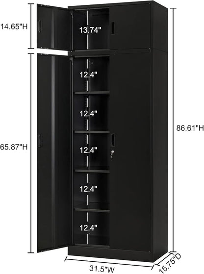 BESFUR 87" Tall Metal Storage Cabinet with Top Cabinet, Locking Garage Storage Cabinet with 4 Adjustable Shelves, Heavy-Duty Tall Cabinet for Home Office, Utility Room, Warehouse, School (Black)