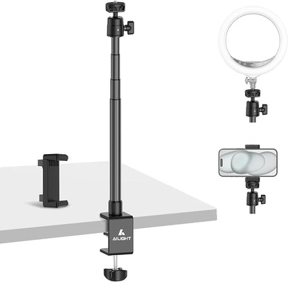 Ailight Desk Mount for Live Streaming, Instant Height Adjustable C-Clamp Stand with Ball Head & Phone Holder, 1/4" Screw for Camera/Smartphone/Webcam, Tool-Free Telescopic for Vlogging & Recording