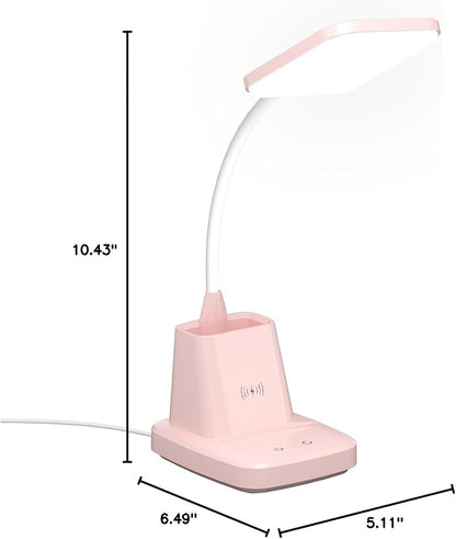 Pink Desk Lamp, Small Desk Lamp with Pen Holder, Wireless Charger LED Desk Lamps for Home Office, Kids Desk Lamps 800LM Flexible Arm 3 Modes Dimmable Touch, Study Lamps for College Dorm Room