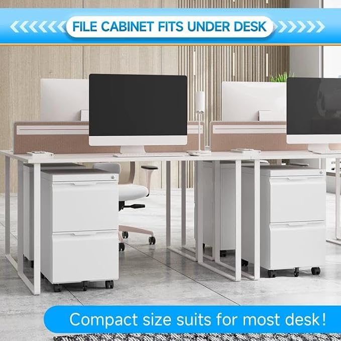 2 Drawer Mobile File Cabinet with Lock, Metal Filing Cabinet, Under Desk Rolling Small Filing Cabinet with Wheels for Home Office Storage, Fits Legal/A4/Letter/Document Size, Required Assembly, White