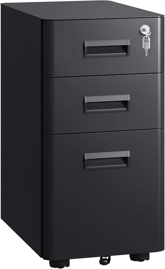 DEVAISE 3 Drawer File Cabinet with Lock, Under Desk Metal Filing Cabinet with Wheels for Home Office Organizer Letter/Legal/A4, Fully Assembled Except Casters, Black