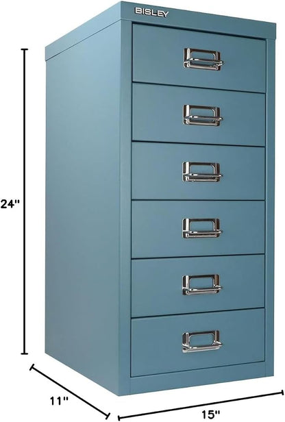 Bisley 6-Drawer Steel MultiDrawer Cabinet - Doulton Blue | Chrome Pull Handles with Label Holders, Powder-Coated Steel, Removable Drawers, Fits Under Most Desks, Labels Included