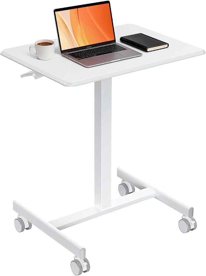 Mobile Standing Desk Adjustable Height, Rolling Sit-Stand Laptop Desk with Lockable Casters, Portable Compact Computer Table for Home Office Dorm, White