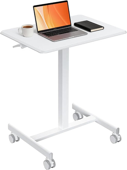 Mobile Standing Desk Adjustable Height, Rolling Sit-Stand Laptop Desk with Lockable Casters, Portable Compact Computer Table for Home Office Dorm, White