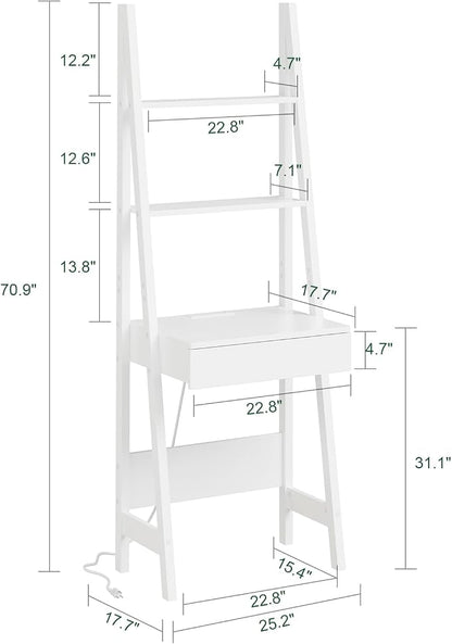 Haotian Ladder Desk with Power Outlet, Narrow Bookshelf Desk with Drawer and Shelves, Compact Secretary Desk for Small Spaces, Bedroom, Home, Office (White FWT112-W)