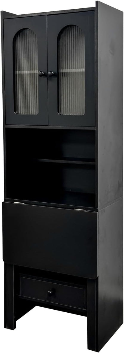 KEIKI Fold-Out Home Office Desks Writing Table with Glass Doors, Drawers, Bookshelf & Storage Shelves, Modern Wooden Convertible Workstation for Work, Study