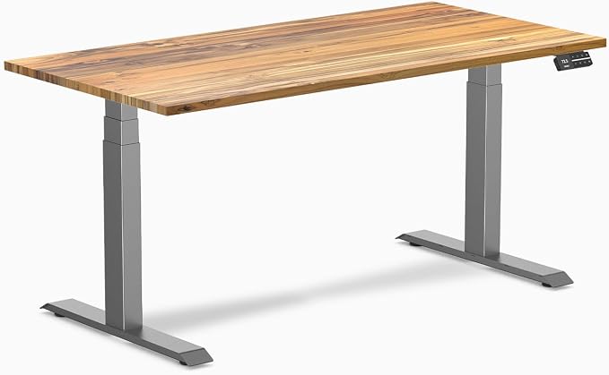 Desky Dual Hardwood Sit Stand Desk - 60x30 Electric Standing Desk - Dual Motor, 3 Stage Adjustable Height Desk - Solid Wood Standing Desk - Whole-Piece Top in Real Teak Wood