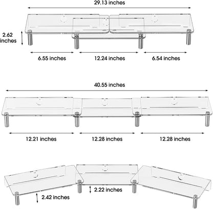 dual monitor stand riser, 3-layer transparent acrylic monitor stand with anti slip pad, adjustable length and angle, suitable for 2 monitors, desktop, laptop, PC, printer, TV screen