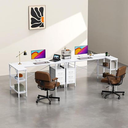 Simple Deluxe L Shaped Gaming Desk with Power Outlets, 55 Inch Computer Desk with 3 Drawers, Shelves, Corner Computer Desk for Gaming, Corner Work, Home Office, Study, White