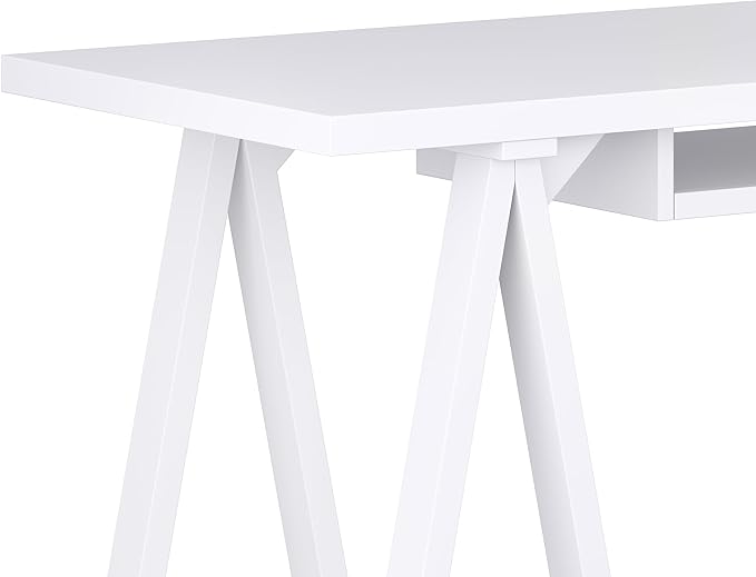 SIMPLIHOME Sawhorse Desk - 60 Inch Wide Solid Wood Writing Desk in White, Modern Industrial Home Office Computer Table for Workspace or Study with Sturdy Sawhorse Base and Integrated Keyboard Tray