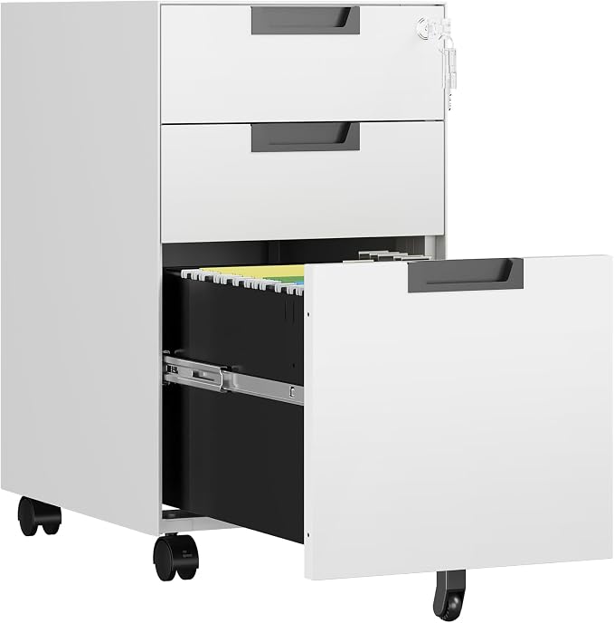 3 Drawer File Cabinet with Lock, Fully Assembled Metal Mobile Filing Cabinets for Home Office, Small Rolling File Caninet on Wheels for Legal/Letter / A4 File, White