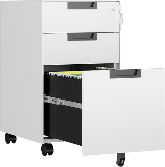 3 Drawer File Cabinet with Lock, Fully Assembled Metal Mobile Filing Cabinets for Home Office, Small Rolling File Caninet on Wheels for Legal/Letter / A4 File, White