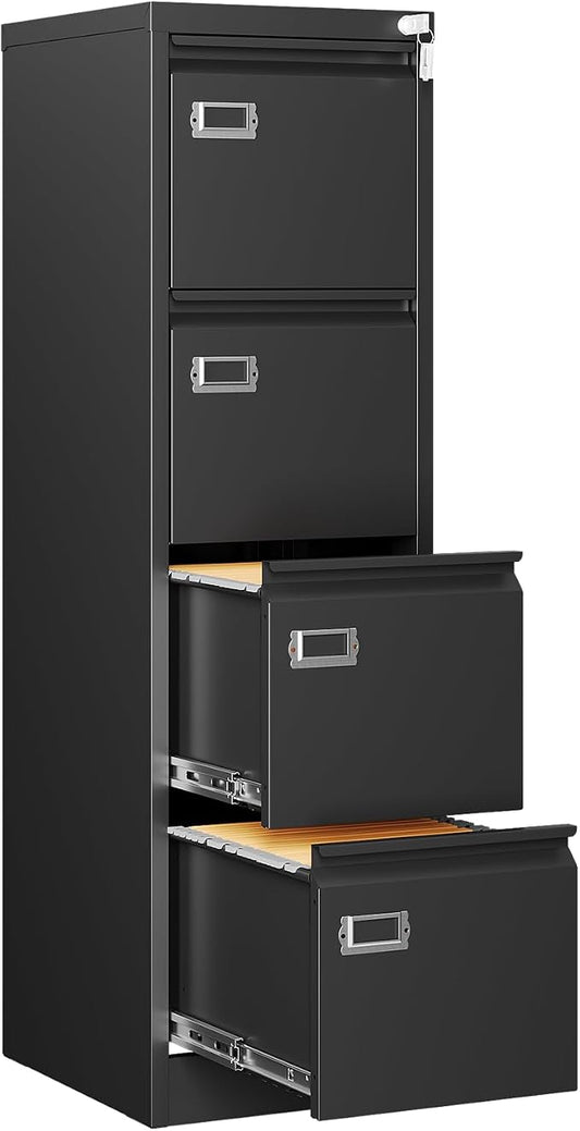 RAVIGIN 4 Drawer File Cabinet with Lock,Vertical Filing Cabinet for Home Office,Metal File Cabinets with Lock,Storage Files for A4/ Legal/Letter, Require Assembly, (Black)