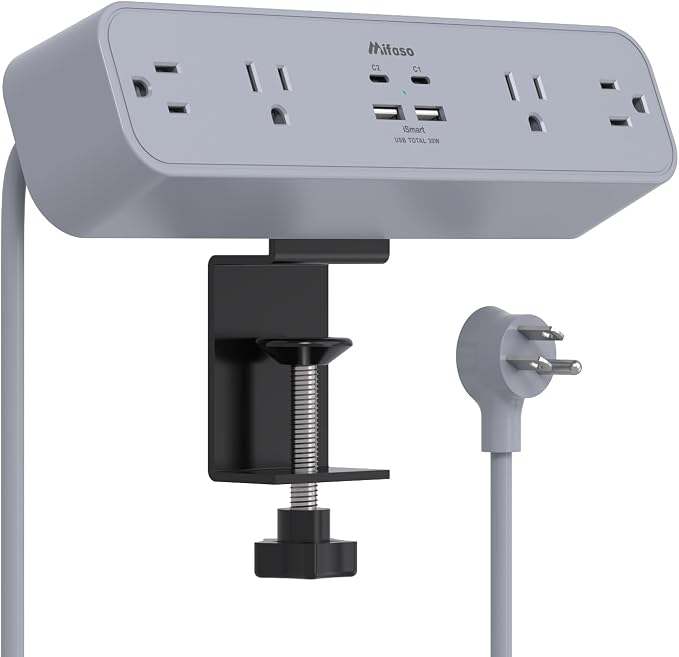 PD30W Desk Clamp Power Strip, Desktop Mount Surge Protector, Fast Charging Station, 5Ft Extension Cord Desk Mount Shelf with 4 Outlets 4 USB Ports (2 USB C), Home Office Accessories Essentials, Gray