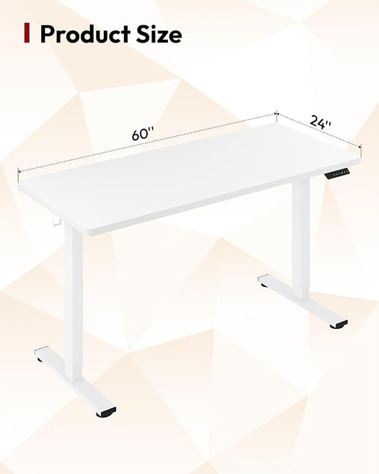 SANODESK Electric Standing Desk 60 x 24 Inches Whole-Piece Desktop Height Adjustable Stand Up Desk w/6-Button Controller Ergonomic Computer Desk for Home Office, White Frame + White Tabletop