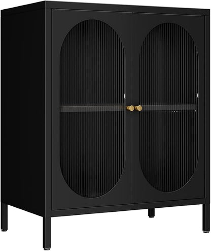 2 Translucent Door Metal Accent Storage Cabinet for Home, Living Room, Office Room,Kitchen-Metal Locker Cabinet with 1 Adjustable Shelves-2-Tier (Black)