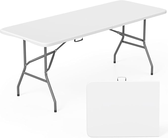 FDW 6 FT Folding Table, Portable Plastic Table with Carrying Handle Perfect for Indoor, Outdoor, Party, Dining, Wedding, Events, Camping, White