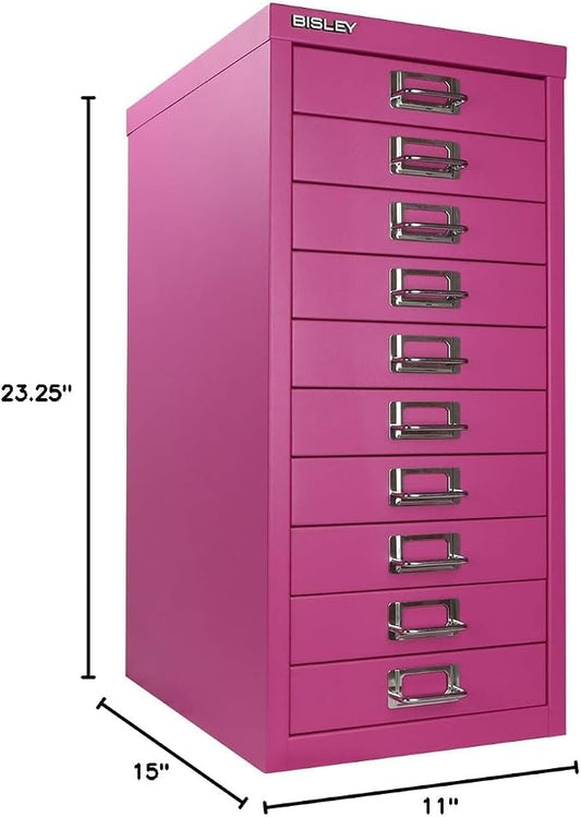 Bisley 10-Drawer Steel MultiDrawer Cabinet - Fuchsia | Chrome Pull Handles with Label Holders, Powder-Coated Steel, Removable Drawers, Fits Under Most Desks, Labels Included